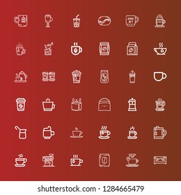 Editable 36 cappuccino icons for web and mobile. Set of cappuccino included icons line Coffee machine, Coffee cup, Coffee, Cup, Coffee shop, Tea, Tea cup, French press on red