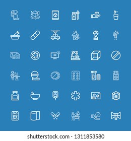 Editable 36 capsule icons for web and mobile. Set of capsule included icons line d, Pill, Veterinarian, Bandages, Drug, Medicine, Saline, Mortar, Vitamins, Contraceptive pills on blue background