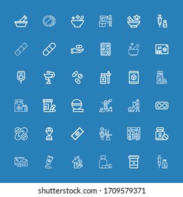 Editable 36 capsule icons for web and mobile. Set of capsule included icons line Vaccine, Medicine, Drugs, Pharmacy, Pills, Veterinarian, Bandage, Space capsule on blue background