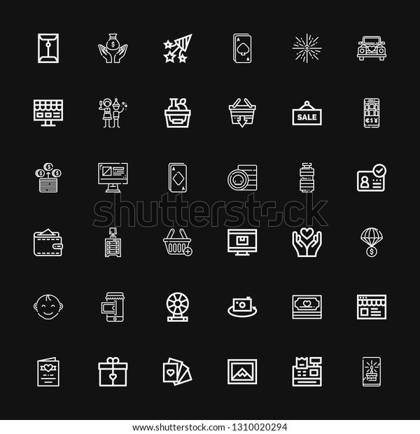 Editable 36 card icons
for web and mobile. Set of card included icons line Card, Cash
register, Image, Cards, Gift, Wedding invitation, Online shop,
Money on black
background
