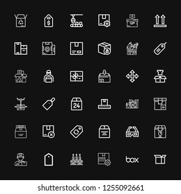 Editable 36 cardboard icons for web and mobile. Set of cardboard included icons line Package, Box, Conveyor, Tag, Delivery man, d glasses, Label, Price tag on black background