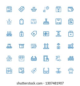 Editable 36 cardboard icons for web and mobile. Set of cardboard included icons line Delivery man, Conveyor, d glasses, Price tag, Package, Parcel, Box, Recycling box on white background