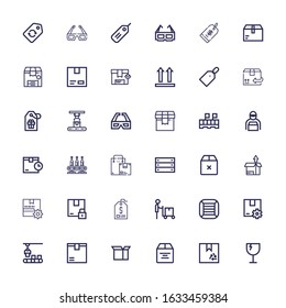 Editable 36 cardboard icons for web and mobile. Set of cardboard included icons line Fragile, Box, Package, Conveyor, Boxes, Delivery man, Price tag, d glasses on white background