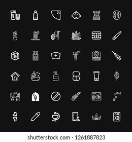 Editable 36 care icons for web and mobile. Set of care included icons line Drug, Mask, Patch, Medicine, Eyedropper, Bone, Syringe, Support, Cutter, Pill, Plant on black background