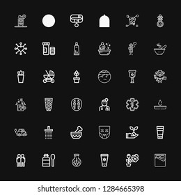 Editable 36 care icons for web and mobile. Set of care included icons line Bed, Plant, Sun lotion, Insemination, Syrup, Hugging, Ointment, Mask, Bowl, Shower on black background
