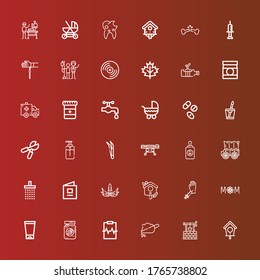 Editable 36 care icons for web and mobile. Set of care included icons line Bird house, Well, Soil, Cardiogram, Eye jar, Gel, Mom, Blood donation, Mask, Baby book, Shower on red