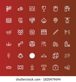Editable 36 care icons for web and mobile. Set of care included icons line Pill, Emergency kit, Pet, Barbershop, Makeup remover, Bath, Soap, d, Blood donation, Leaves, Baby on red