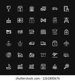 Editable 36 cargo icons for web and mobile. Set of cargo included icons line Package, Sailing boat, Warehouse, Box, Trailer, Take off, Cargo ship, Delivery on black background