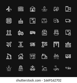 Editable 36 Cargo Icons For Web And Mobile. Set Of Cargo Included Icons Line Aeroplane, Boat, Ship, Aircraft, Delivery, Package, Truck, Box, Merchandise, Warehouse On Black Background