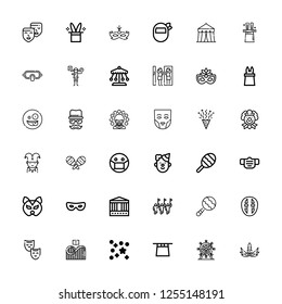 Editable 36 carnival icons for web and mobile. Set of carnival included icons line Mask, Ferris wheel, Magic hat, Confetti, Roller coaster, Maraca, Parade on white background