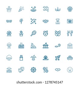 Editable 36 carnival icons for web and mobile. Set of carnival included icons line Surprised, Mask, Maracas, Ferris wheel, Masks, Carousel, Eye mask, Confetti on white background