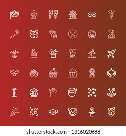 Editable 36 carnival icons for web and mobile. Set of carnival included icons line Clown, Magic, Mask, Confetti, Eye mask, Ride, Free fall, Juggling ball, Circus, Maracas on red