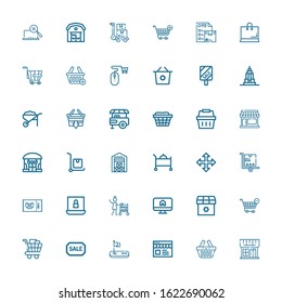 Editable 36 cart icons for web and mobile. Set of cart included icons line Shop, Basket, Online shop, Golf, Sale, Shopping cart, Ecommerce, Room service, Online store on white background