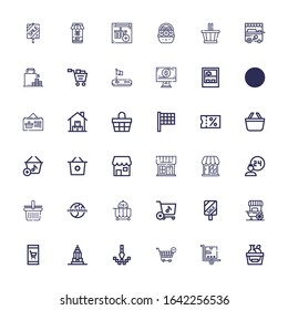 Editable 36 cart icons for web and mobile. Set of cart included icons line Shopping basket, Trolley, Shopping cart, Pixel, Empire state, Online shop, Food stall on white background