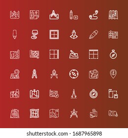 Editable 36 iconos de cartografía para web y móvil. Conjunto de cartografía incluye iconos línea Map, Compass, Route, Maps, Border, Marker, Position on red