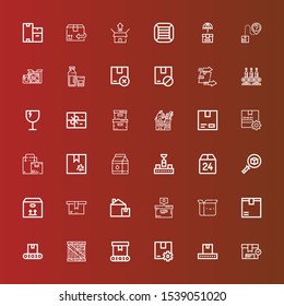 Editable 36 carton icons for web and mobile. Set of carton included icons line Box, Conveyor, Package, Milk, Cardboard, Storage box, Fragile, Boxes on red