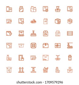 Editable 36 carton icons for web and mobile. Set of carton included icons line Box, Milk, Package, Side up, Conveyor, Boxes on white background