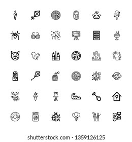 Editable 36 cartoon icons for web and mobile. Set of cartoon included icons line Missile, Balloon, Ladybug, Eye jar, Donut, Birdhouse, Shovel, Crocodile, Cactus on white background