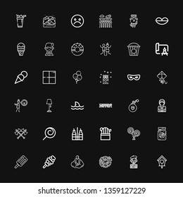 Editable 36 cartoon icons for web and mobile. Set of cartoon included icons line Bird house, Mime, Pizza, Astral, Ice cream, Eye jar, Lollipop, Cactus, Vinegar on black background