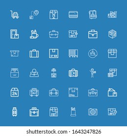 Editable 36 case icons for web and mobile. Set of case included icons line Box, Photography, Pencil case, Package, Briefcase, Suitcase, Handbag, Tool box, Cardboard on blue background