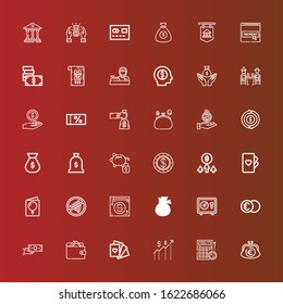 Editable 36 cash icons for web and mobile. Set of cash included icons line Purse, Budget, Money, Cards, Wallet, Money transfer, Euro, Safebox, Payment method, Sign, Card on red
