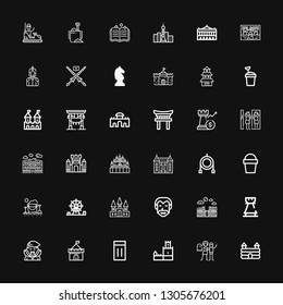 Editable 36 castle icons for web and mobile. Set of castle included icons line Castle, Haunted house, Belem tower, Inflatable, Dracula, Rook, Merida, Amusement park on black background