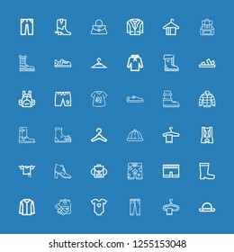 Editable 36 casual icons for web and mobile. Set of casual included icons line Bowler, Hanger, Jeans, Baby clothes, Backpack, Jacket, Boots, Short, Shorts, Boot on blue background
