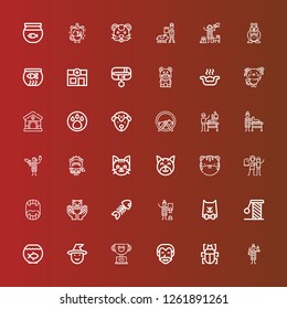 Editable 36 cat icons for web and mobile. Set of cat included icons line Veterinarian, Fleas, Dracula, Pet, Witch, Fish bowl, Scratching, Cat, Fish bone, Fangs, Haunted house on red