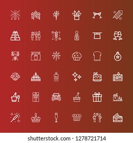 Editable 36 celebrate icons for web and mobile. Set of celebrate included icons line Cake, Toast, Muffin, Champagne glass, Sparkle, Candle, Gift, Champagne, Wedding car on red