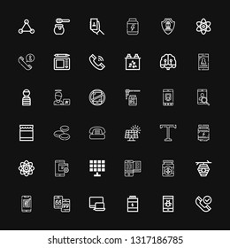 Editable 36 cell icons for web and mobile. Set of cell included icons line Phone, Smartphone, Proteins, Responsive, Beehive, Honey, Solar panel, Mobile, Atom on black background