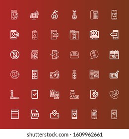 Editable 36 cell icons for web and mobile. Set of cell included icons line Smartphone, Text, Honey, Telephone, Mobile, Virus, Solar panel, Graphic tablet, Responsive, Cell on red