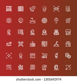 Editable 36 center icons for web and mobile. Set of center included icons line Archery, Call center, Target, Server, Goal, Store, Focus, Mall, Darts, Tracking, Shop, Operator on red