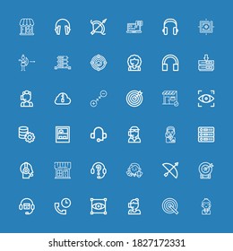 Iconos editables de 36 centros para web y móvil. El conjunto de centros incluye iconos línea Centro de llamadas, Destino, Enfoque, Soporte, Auriculares, Arco, Comercial, Tienda, Servicio al cliente sobre fondo azul