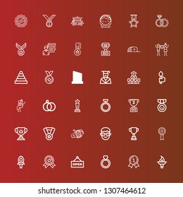 Editable 36 ceremony icons for web and mobile. Set of ceremony included icons line Torch, Medal, Ring, Open, Trophy, Student, Wedding rings, Newlyweds, Cemetery, Graduation on red