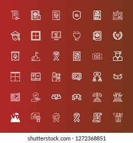Editable 36 certificate icons for web and mobile. Set of certificate included icons line Graduation, Papyrus, Ribbon, Recommendation, Certificate, Success, Law, Banner on red