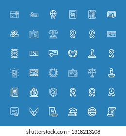 Editable 36 certificate icons for web and mobile. Set of certificate included icons line Papyrus, Guarantee, Education, Stamp, Agreement, Diploma, Quality, Prize on blue background