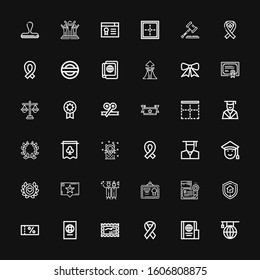 Editable 36 certificate icons for web and mobile. Set of certificate included icons line Learning, Passport, Ribbon, Stamp, Voucher, Guarantee, Diploma, Graduation on black background
