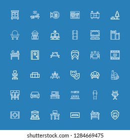 Editable 36 chair icons for web and mobile. Set of chair included icons line Dental, Nightstand, Tv table, Desk, Bar, Movie, Chair, Lounge chair, Waiting room on blue background
