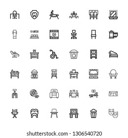 Editable 36 chair icons for web and mobile. Set of chair included icons line Theater, Popcorn, Vanity, Baby chair, Dental, Sofa, Sunbed, Romantic dinner on white background