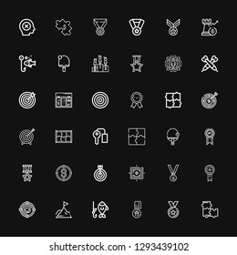 Editable 36 challenge icons for web and mobile. Set of challenge included icons line Puzzle, Medal, Fishing, Achievement, Target, Medals, Table tennis, Key room on black background
