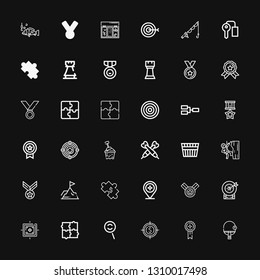 Editable 36 challenge icons for web and mobile. Set of challenge included icons line Table tennis, Medal, Target, Dodge, Puzzle, Achievement, Climbing, Bucket on black background