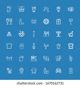 Editable 36 champagne icons for web and mobile. Set of champagne included icons line Drink, Wedding car, Barman, Bar, Vodka, Soda, Invitation, Confetti, Fryer on blue background