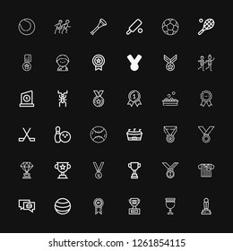 Editable 36 championship icons for web and mobile. Set of championship included icons line Trophy, Goblet, Medal, Ball, Puck, Referee, Medals, Football, Baseball on black background