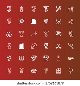 Editable 36 championship icons for web and mobile. Set of championship included icons line Table tennis, Trophy, Medal, Football, Medals, Puck, Award, Prize, Baseball, Ice hockey on red