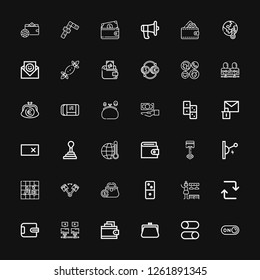 Editable 36 change icons for web and mobile. Set of change included icons line Switch on, Switches, Purse, Wallet, Communications, Repeat, Changing room, Dominoes on black background