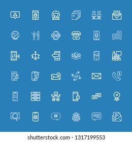 Editable 36 chat icons for web and mobile. Set of chat included icons line Email, Chat, Robot, Hashtag, Smartphone, Webcam, Inboxes, Call, Message, Network on blue background