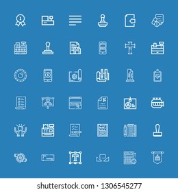 Editable 36 check icons for web and mobile. Set of check included icons line Standard, Budget, Custome, Text editor, Cheque, Engine, Stamp, List, Clipboard on blue background