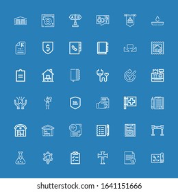 Editable 36 check icons for web and mobile. Set of check included icons line Planning, Done, Cross, Checklist, Engine, Blood test, Metal detector, Clipboard on blue background