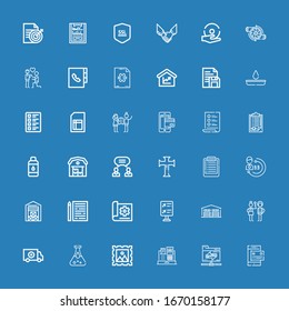 Editable 36 check icons for web and mobile. Set of check included icons line Payment method, Shared folder, Cash register, Stamp, Blood test, Red cross, Check in on blue background