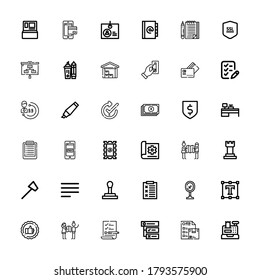 Bearbeitbar 36 überprüfen Icons für Web und Mobile. Set mit Scheck inkludierte Symbole Zeile Kassenregister, Wunschliste, Aufgaben, Liste, Planung, Bewertung, Texteditor, Flughafen auf weißem Hintergrund
